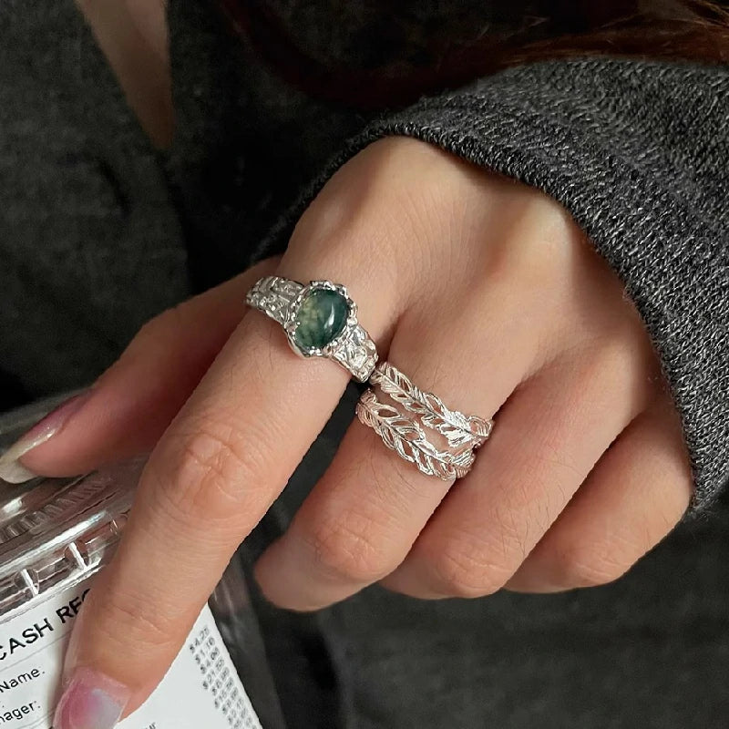 Feather & Moss Agate Adjustable Ring Set