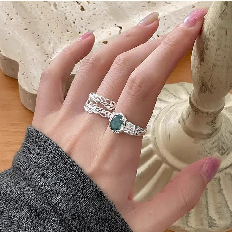 Feather & Moss Agate Adjustable Ring Set