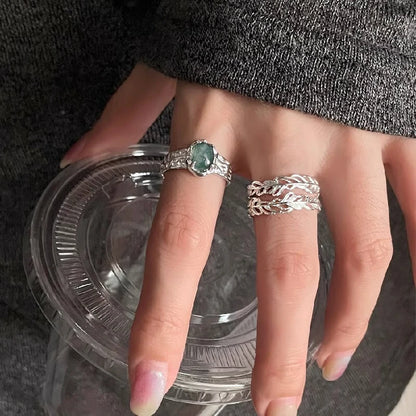 Feather & Moss Agate Adjustable Ring Set